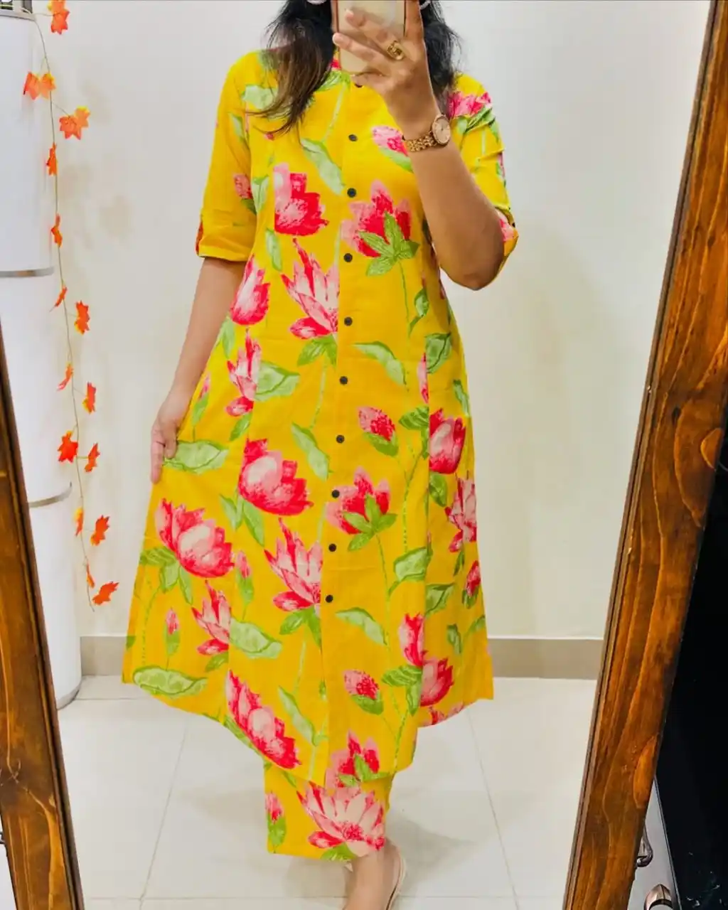 Golden Mustard Yellow Lotus Floral Print Women’s Straight Kurta Set with Pants.png